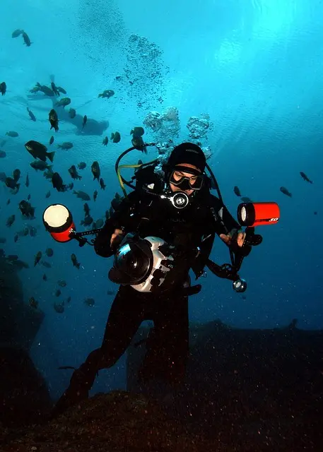 A diver holding two dive lights in both hands while underwater