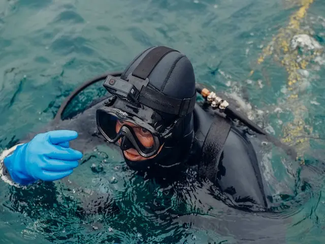 A person wearing diving gear in the water